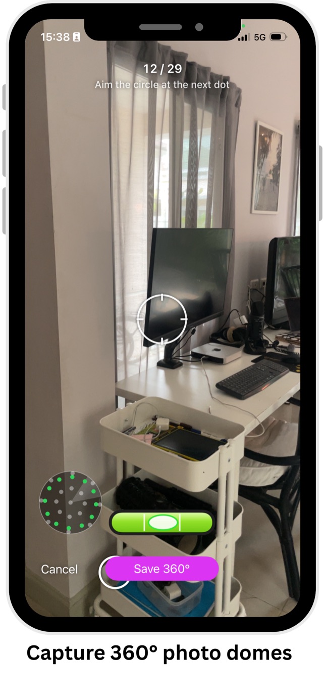 Capturing a 360° photo dome by aiming the circle at guide dots