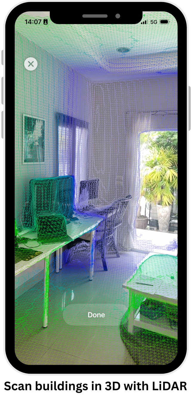 iPhone scanning a room with the live LiDAR mesh overlay — scan buildings in 3D with LiDAR