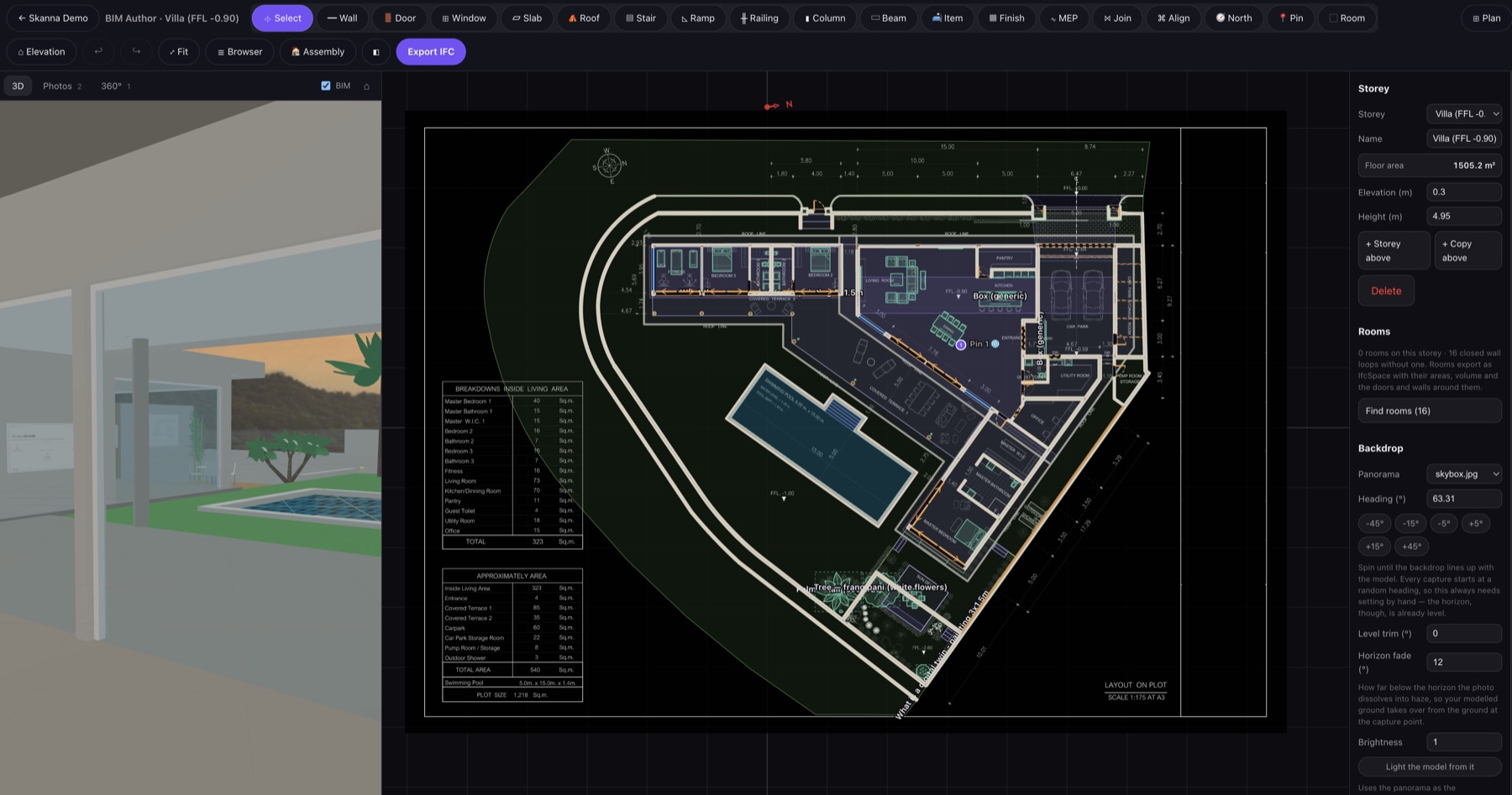 Skanna Web BIM Author: a villa traced over the architect's layout drawing, with the 3D model on the left, the plan with walls, rooms, furniture and the pool over the drawing in the middle, and the storey and backdrop settings on the right