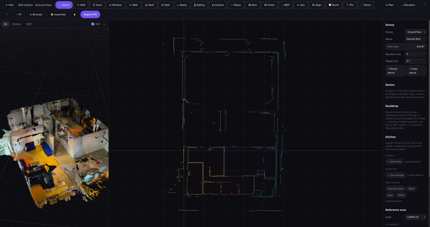 Skanna Web BIM Author: a building's colour LiDAR scan in 3D on the left, its ground floor as scan slices in the 2D plan, ready to trace, and the storey settings on the right