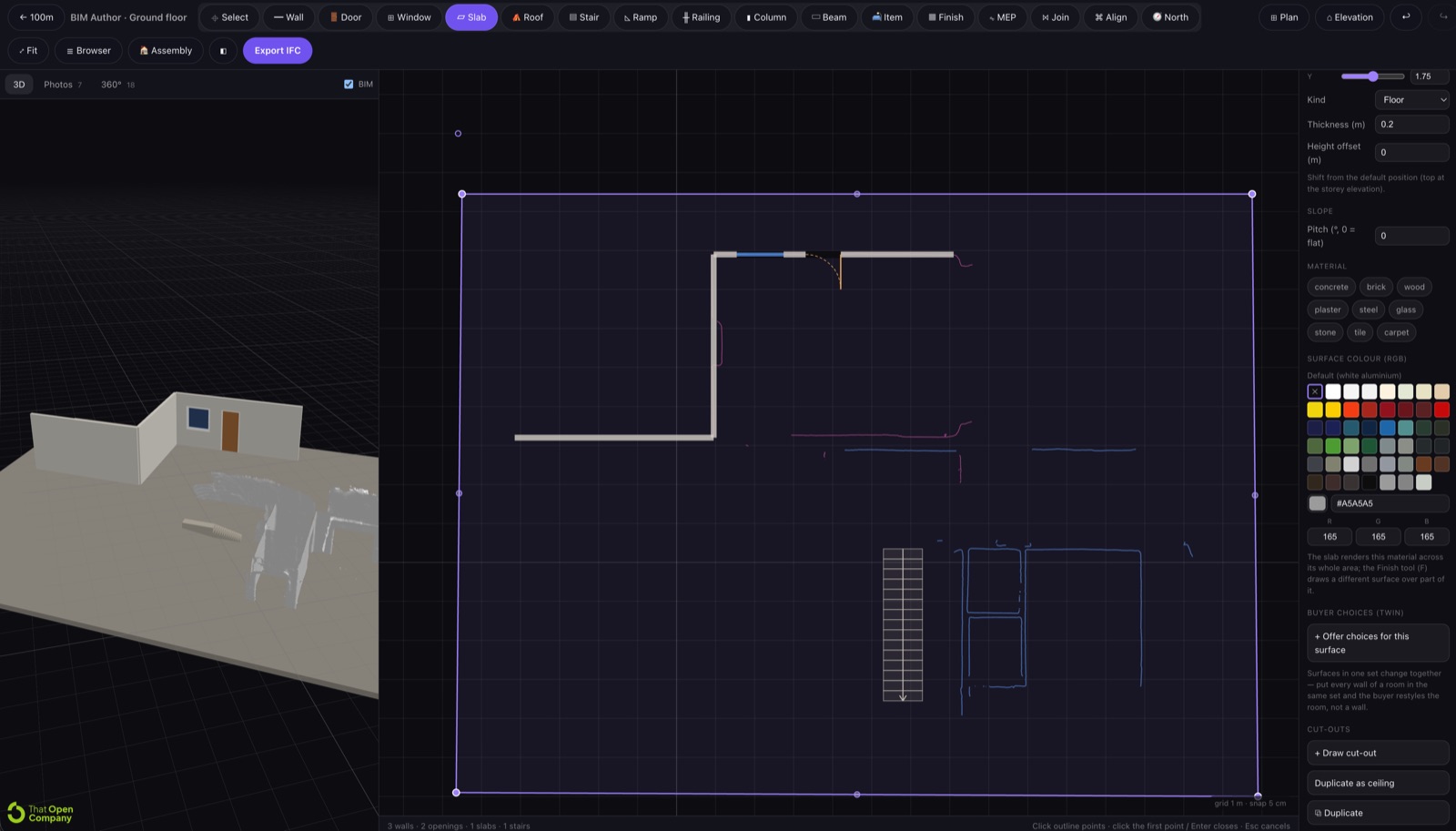 Skanna Web BIM Author: the 2D plan editor with wall, door, window, slab, roof, stair, ramp, railing, column, beam, item, finish and MEP tools, the 3D model alongside it, and the inspector showing the selected slab's material, surface colour and a Buyer choices panel for offering the twin's viewer a set of finishes
