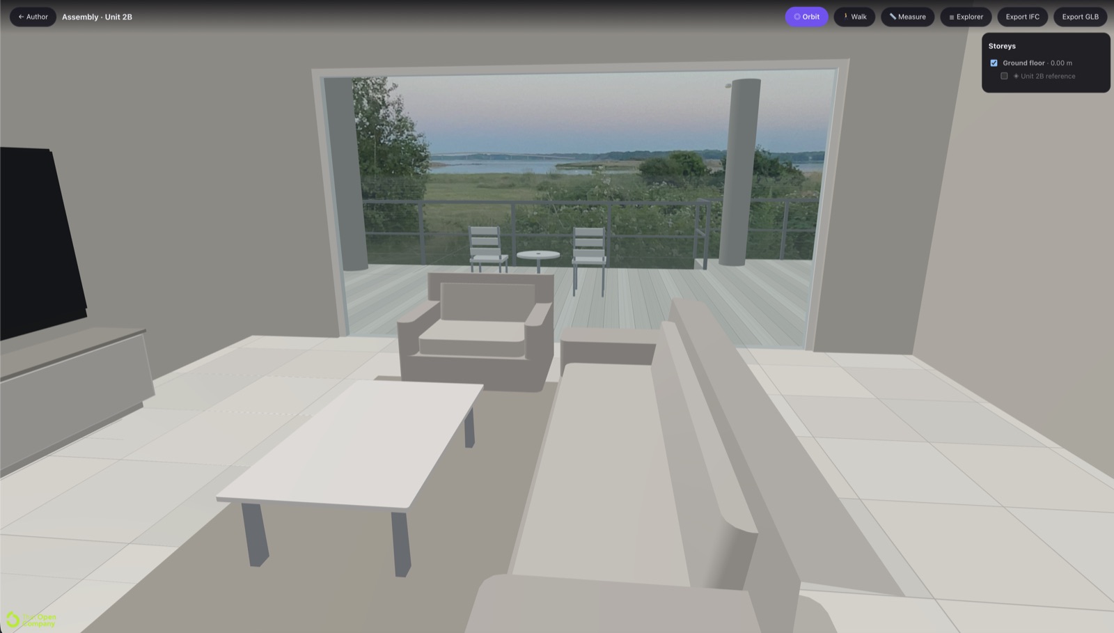 The completed model in the Skanna Web assembly view, seen from the living room looking out through full-height glazing to a furnished terrace and the landscape beyond, with orbit, walk, measure and explorer tools and IFC and GLB export