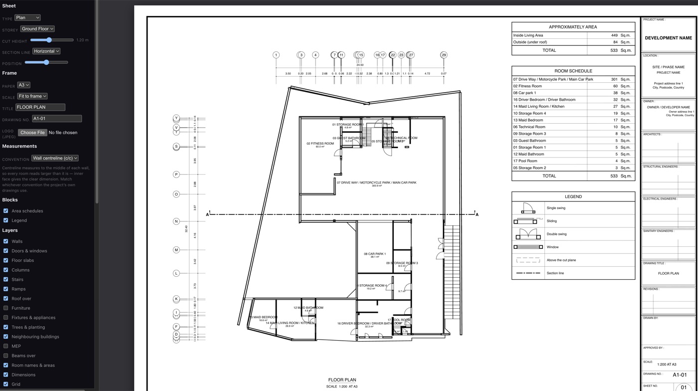 The Drawings view in Skanna: a ground-floor plan with grid lines, dimensions, room names and areas, a room schedule and a legend on an A3 title block, with the sheet settings on the left