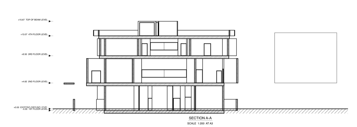 Section A-A through a four-storey building, with its floor levels