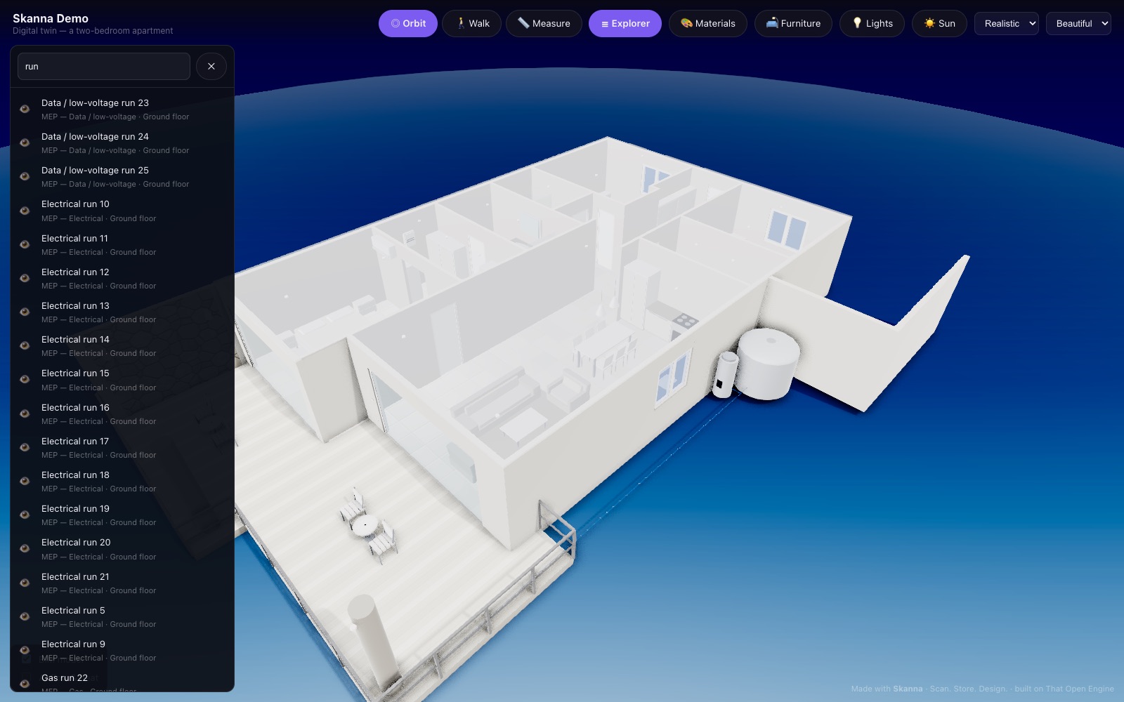 The twin's model explorer open beside the building, listing the objects on the ground floor by discipline as individually selectable entries