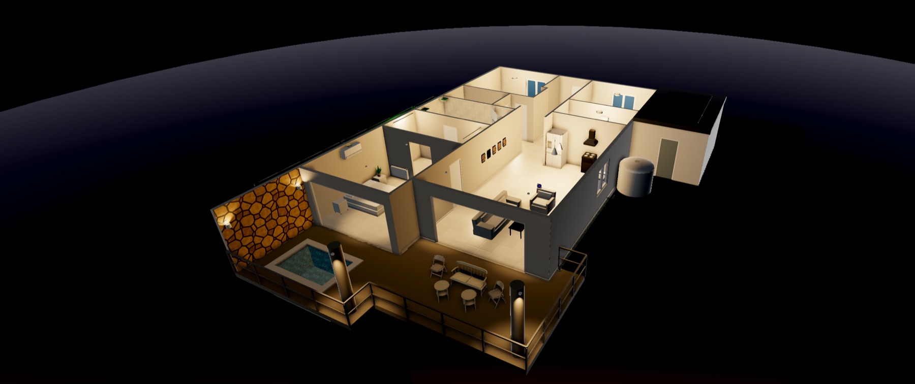 A digital twin after dark seen from above with the roof off, the building's own light fixtures throwing warm pools of light across the rooms and the terrace