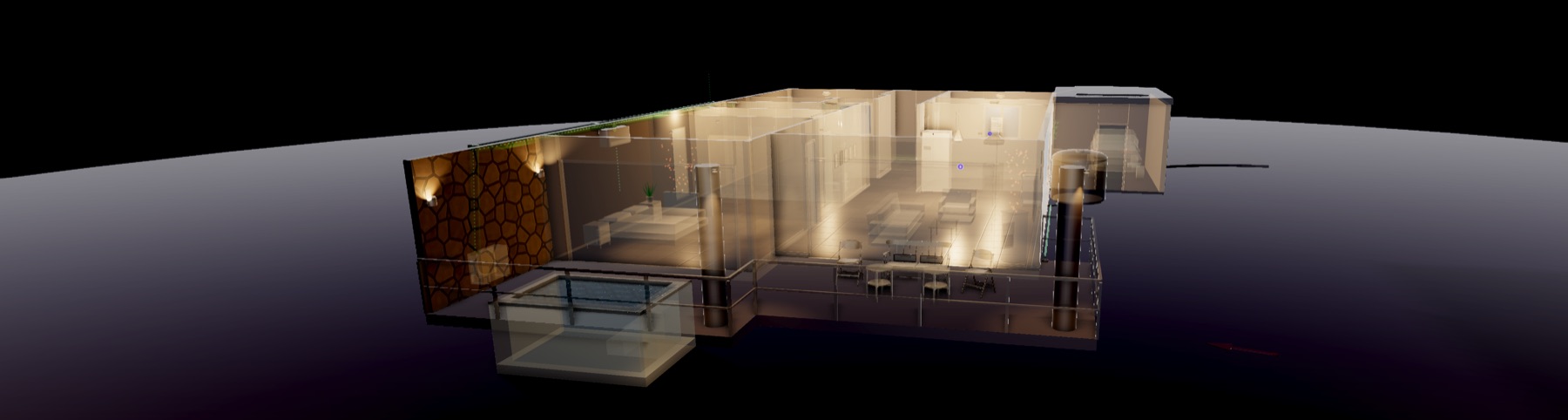 The twin in x-ray view, walls and slabs turned translucent so the rooms, fittings, furniture and service runs inside the building are all visible at once, with the fixtures lit