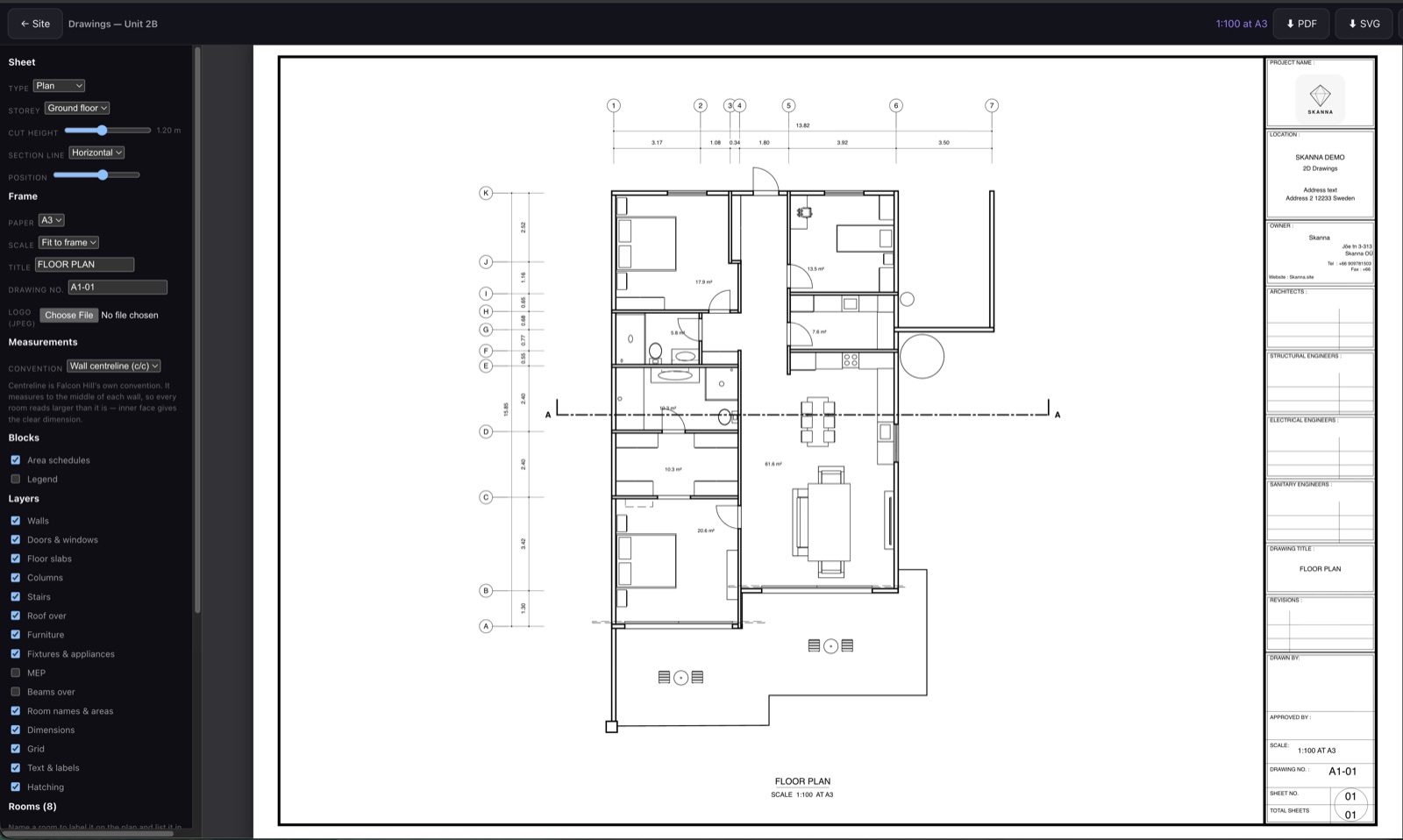 An A3 floor plan sheet generated from the building model, with dimension strings, grid bubbles, room areas and a title block