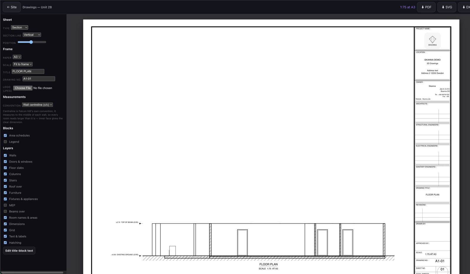 A generated A3 section sheet at 1:75 showing hatched cut walls, existing ground level and top of beam level annotations on a Skanna title block