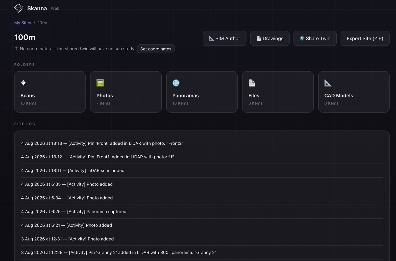 The Skanna Web property portal: one building's page with folders of scans, photos and panoramas, a dated site log of everything added, and buttons for BIM Author, Drawings, Share Twin and Export Site